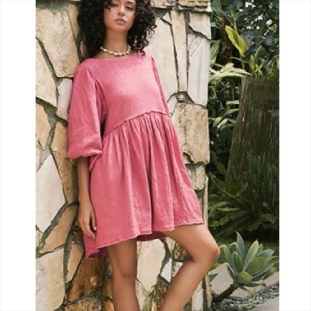 Free People Beach Get Obsessed Gauzy Babydoll Dress in Pink Size Large